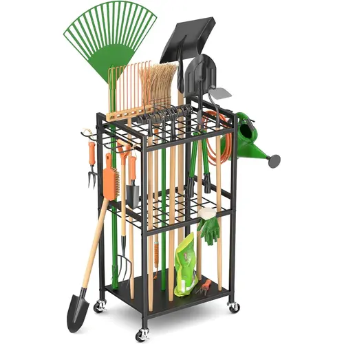 Garden Tool Organizer With Wheels, Yard Tool Tower Rack for Garage Organization and Storage, Up to 35 Long-Handled Tools/Rakes/Brooms, Heavy Duty Steel Garden Tool Stand for Shed, Outdoor, Black