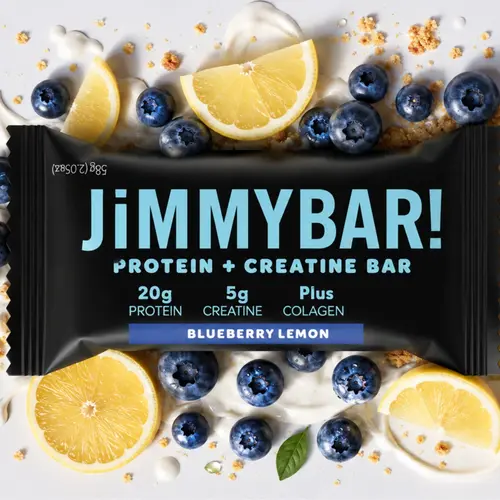 JiMMYBAR! Blueberry Lemon Creatine Collagen High Protein Bar - 20g Protein, 5g Creatine, Natural Real Ingredients, No Powders, Grab-and-Go Healthy On-the-Go Snack - Gluten-Free, Peanut-Free - Homemade Almond Butter Base - 12/24 Packs Box, Snacks For Adult