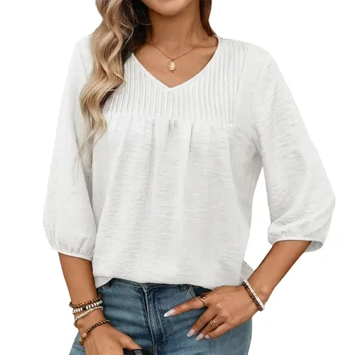 Dokotoo Women's 3/4 Sleeve Tops V Neck Casual Blouses T-Shirts Cute Daily Basic Business Tees Super Soft Breathable Fabric