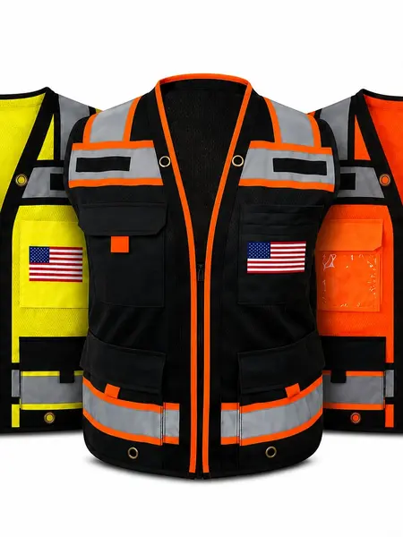 Superintendent Vest with custom USA Flag or other flags, High Visibility Reflective Safety, Mesh Safety Vest with Zipper and Multi pockets AMERICAN SIZE