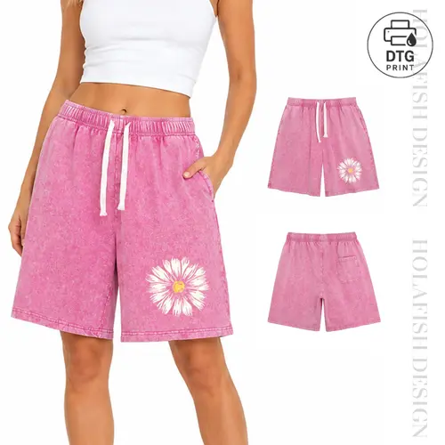 Holafish Women's Acid Wash Cotton-Blend Printed Shorts with Drawstring and Pockets, Casual Loose Fit Washed Shorts