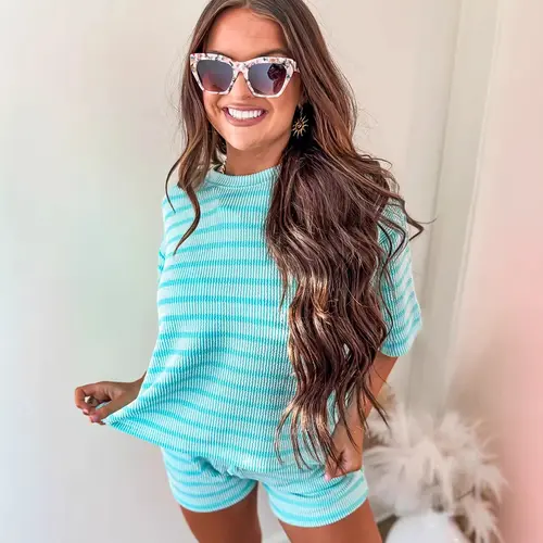 Women's 2-Piece Adjustable Comfortable Multi-Size Lounge Set - Oversized Short-Sleeve T-Shirt, Drawstring Shorts, Striped Pajama Set, Sporty Chic Summer Outdoor Lounge Wear,sohochic
