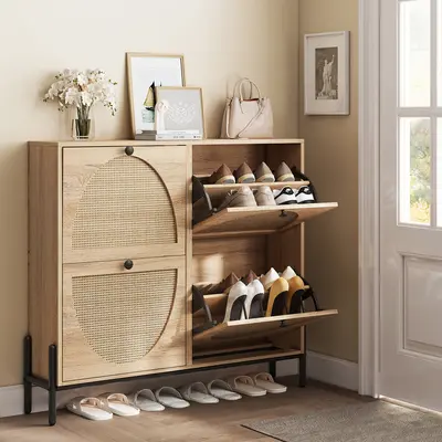 IRONCK Rattan Shoe Cabinet Storage with 4 Flip Drawers, Freestanding Shoe Storage Organizer Cabinet for Entryway, Narrow Shoe Rack Cabinet,dorm essentials,home decor