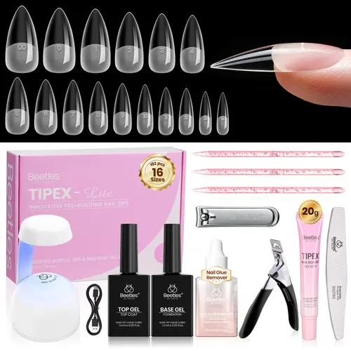 Beetles Tipex Lite Instant Apex Nail Tips Kit with Nail Glue Remover, Full Cover Clear Nails 192 PCS 16 Sizes, Mini UV Lamp, 20g Solid Nail Glue, Base & Top Coat, All-in-One Nail Starter Kit, Set, Manicure, Uv Led Nail Lamp, Home Nails