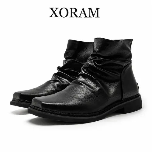 XORAM Minimalist Men's Square-Toe Pleated Ankle Boots, Black Fashion Walking Shoes, Breathable Vintage Footwear for Commuting (66595),sohochic