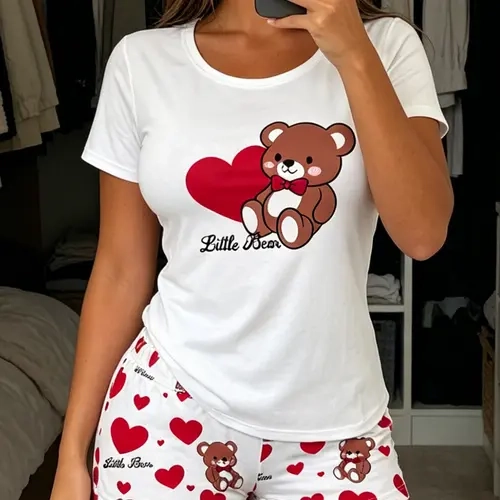 Women's Short Sleeve Pajama Set, Heart Bear Print, Casual Fitted Sleepwear, All-Over Print, Comfortable 2-Piece Loungewear