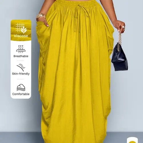 Plus Size Women's Summer Casual Breathable Fabric Maxi Long Skirt, Fitted Solid Color with Waist Pockets and Adjustable Drawstring, Daily Commute Style Bottom, All-Season Fashion