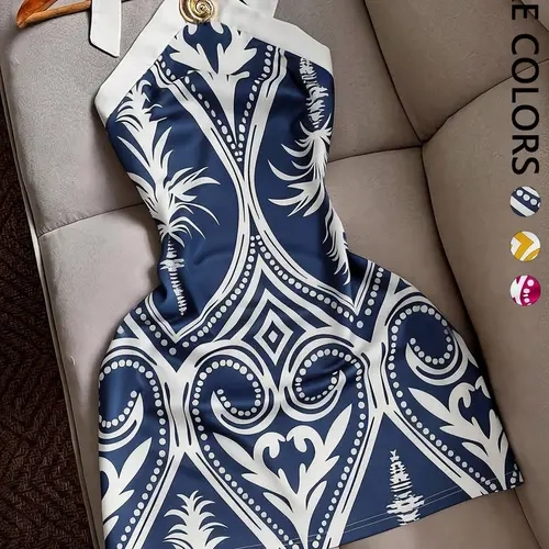 Women's Sexy Casual Slim-Fit Halter Tie Patchwork Mini Summer Beach Dress for Beach Travel