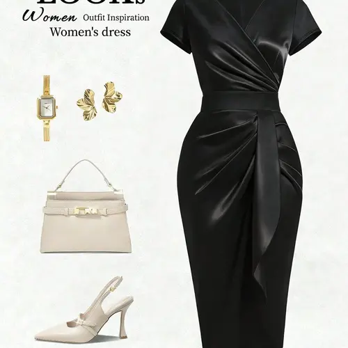 Satin Dress, Polyester, Asymmetrical V-Neck Pleats Bodycon, Summer Short Sleeve, Slim Fit, Knee-Length, Elegant Office Wear, Evening Party, Formal Occasions
