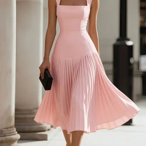 ZANZEA Women's Square Neck Waist Cinch Dress, suspenders A-Line Pleated Solid Design, European and American Elegant Style, Fashionable Evening Wear, Formal Wear, formal party wear, Elegance