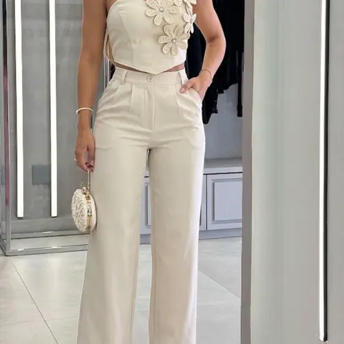 2026 New Women's Two-Piece Set Suits, Floral One-Shoulder Bustier High-Waisted Wide-Leg Loose Pants, Party Dress Style, Fashionable Elegance, Chic, Sleeveless, Clothes