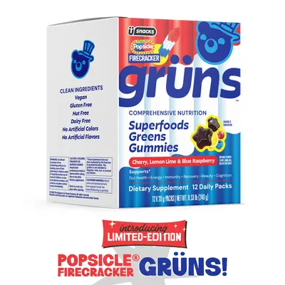 Popsicle Firecracker x Grüns "Al Dente" Superfood Greens Gummies: Comprehensive nutrition with 60+ ingredients: 21 Vitamins and Minerals, 6g Prebiotic Fiber, Adaptogens, Cherry Lemon Lime Blue Raspberry, Gluten Free, Vegan, Third Party Tested