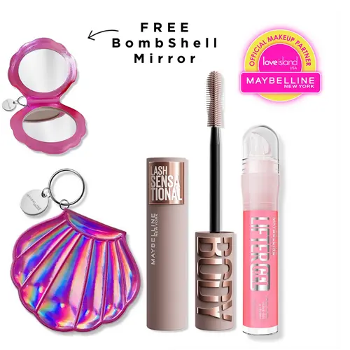 Exclusive Love Island Lash & Lip Duo - Blackest Black Body Mascara, Lifter Gel, with Free Bombshell Mirror, Maybelline New York