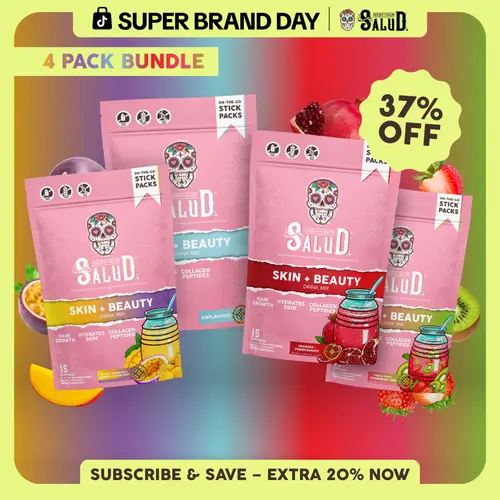 Salud 2-in-1 [Skin + Beauty All-in-One] Collagen Peptides Drink Mix with Verisol, Hyaluronic Acid, Vitamin C, Biotin + Lustriva, Beauty Hydration Sticks, Gluten Free, For Men & Women (4-Pack, 60 Servings)