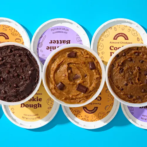 Hungryroot Better-for-You Bean-Based Chickpea Vegan Cookie Dough 4-Pack Refrigerated Spoon-ready Tub Snacks - 3g Protein, Low No Added Sugar, Low Sodium, Dairy-Free, Vegan/GF, No Tree Nuts - 4 Tubs: Almond Chocolate Chip, Brownie Batter (Ice Cream Topper)