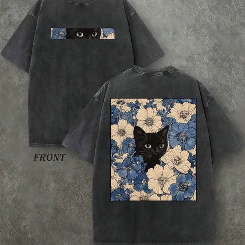 Vintage Black Cat Floral T-Shirt, Washed Black Cotton Oversized Short Sleeve Tee, Retro Cat & Blue Flower Graphic Casual Crewneck Shirt for Cat Lovers