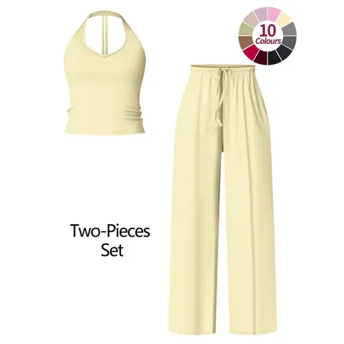 JGS1996 Women's 2-Piece Fitness Suit Seamless Halter Tank Top High-Waist Wide Leg Pants Sports Set Comfortable Breathable Casual Activewear Clothes Sporty All-Season Plain Style