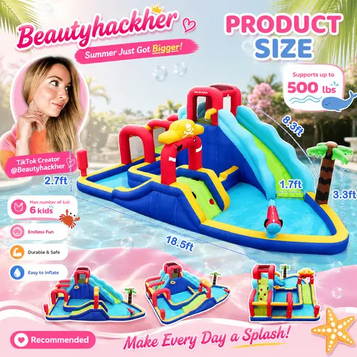 【Beautyhackher Exclusive】Inflatable Water Slide, Water Park for Big Kids,with Blower, Slides, Climbing Walls, Water Guns, and Deep Splash Pool, Indoor and outdoor, Summer Gifts