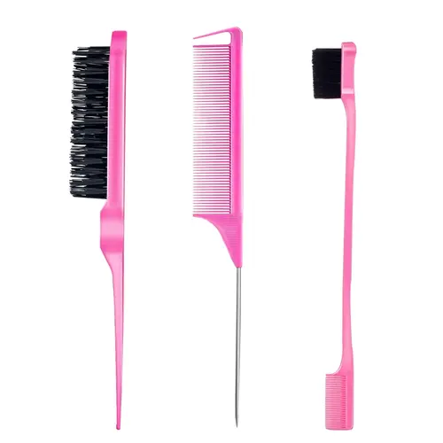 Goiple 3-Piece Teasing & Edge Styling Comb Set, Wide Tooth Detangler, Edge Brush & Hair Stick, Smooth Back Brushing,Pink Set