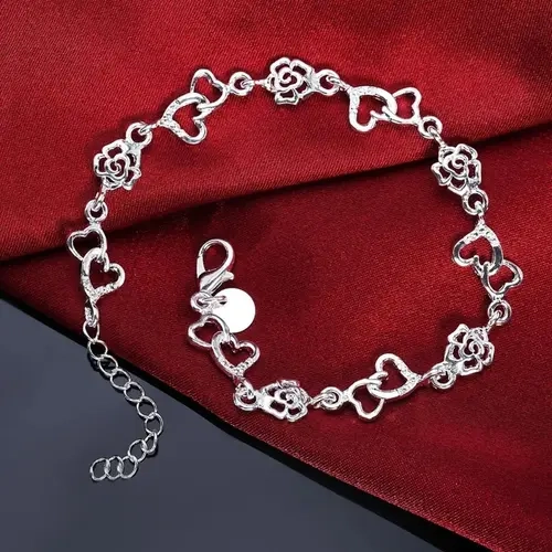 Women's 925 Sterling Silver Heart Flower Design Bracelet, 20cm in Length, Lady Nice Jewelry for Weddings, Parties, Everyday Wear, Bridal Bracelet, 925 Stamp, Bracelet For Women