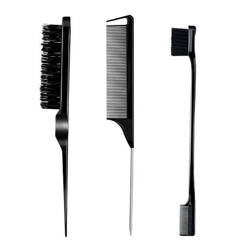 Goiple 3-Piece Teasing & Edge Styling Comb Set, Wide Tooth Detangler, Edge Brush & Hair Stick, Smooth Back Brushing for Women, Black