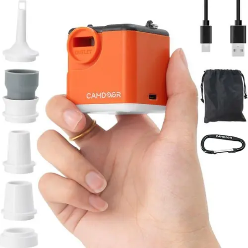 CAMDOOR Portable Mini Electric Air Pump for Inflatables, 2400mAh Rechargeable Air Mattress Pump, 300L/min Fast Inflate & Deflate, 6 Nozzles, LED Camping Light, for Pool Floats, Sleeping Pads, Vacuum Storage Bags