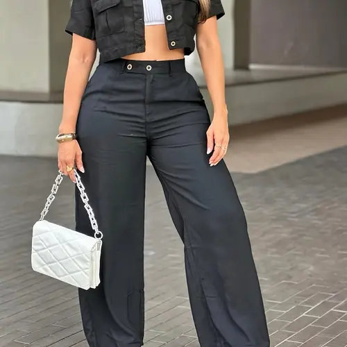 2026 New Two-Piece Set Summer Matching Set Military Workwear Style Casual Short Shirt + Wide Leg Pants, Slimming Commuter, Elegant Loose-Fit Suit Clothes, Everyday Fashion
