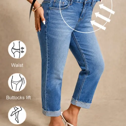 Women's Plus Size High-Waisted Stretch Fabric Stretchy Fit Straight Leg Denim Jeans, Turn Up Hem, Cropped, Washed Blue, Everyday Casual Chic Fashion, All Seasons, Natural Waist