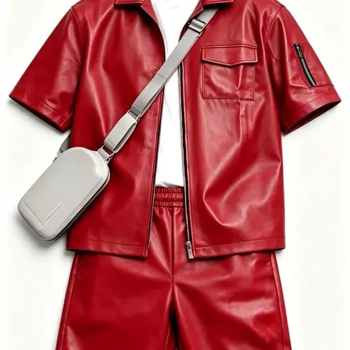 High-End PU Leather Short Top & Shorts Set, Casual Clothing Set, New Summer Casual Fashion Streetwear, Man's Perfect Gift for Boyfriend, Clothes, Menswear