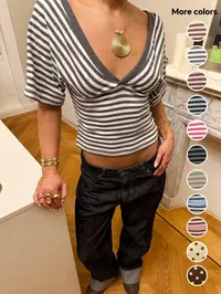 Striped V-Neck Wrap Top, Form-Fitting Puff Sleeve Y2K Crop Blouse, Stylish, Comfortable and Casual Fashion Piece for Everyday Wear