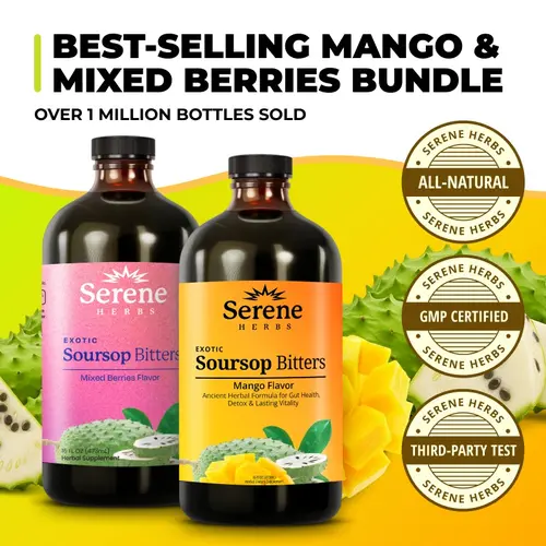 Serene Herbs Mango & Mixed Berries Bundle | Organic Herbal Detox for Digestive Health Gut Healthy Booster Immune Support & Energy | Non-GMO, Vegan (32 fl oz, 16 fl oz Each)