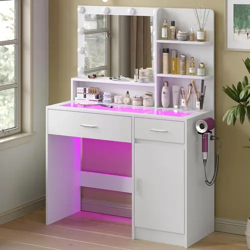 CollaredEagle Vanity Desk Makeup Vanity White LED Lighted Makeup Vanity Table Rotating Mirror Vanity with Storage Glass Top USB Power LED Lights Brightness Adjustable RGB Drawers Dressing Table Bedroom