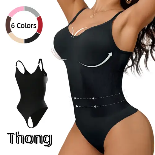 Women's Seamless Thong Bodysuit Shapewear - Adjustable Strap, 4-Way Stretch Knit Fabric, Tummy Control Compression, Breathable Ribbed Bottom, Bra-Friendly Scoop Neck, Fitted Multi-Size Minimalist Athletic Smooth No-Irritation Sports Underwear, Black
