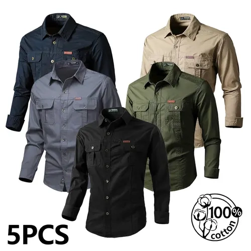 Pack of 5. Men’s casual outdoor sports long-sleeve shirt, 100% pure cotton, lightweight design for spring and autumn, multi-pocket design.Summervibes