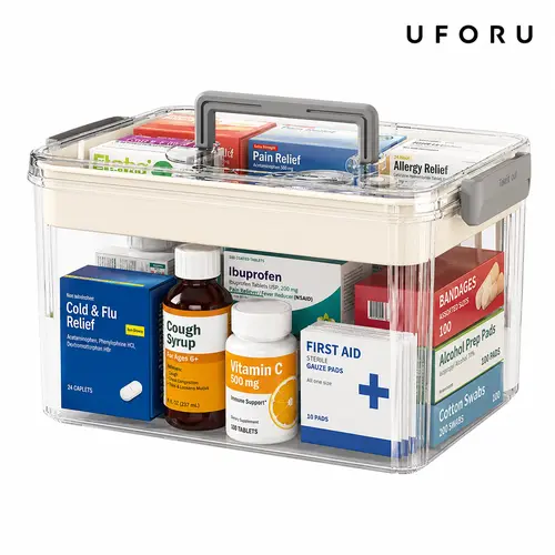 UFORU Compartmented 2-Tier Storage Organizer with Handle for Carry - Home Supplies Zoned Storage Organization, Large Capacity Portable Craft Box for Pens, Markers, Art Supplies, Kids’ Small Building Blocks & Toy Parts, Transparent Multipurpose Organizer
