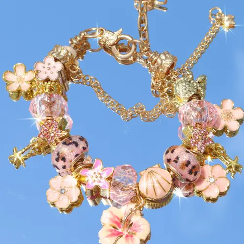 Beach Vacation Style Leopard Print Cherry Blossom Charm Bracelet, Ocean Life Starfish Shell Bracelet, Summer DIY Flower Bracelet