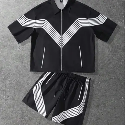 Men's Summer Fashion Patchwork Zipper Short-Sleeve Top & Shorts Set, Contrast Striped Breathable Casual Outfit for Commuting, Loose Menswear Matching Sets