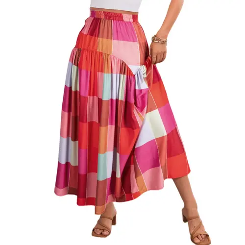 Asvivid Women's Colorful Plaid Maxi Skirt High Waisted Elastic Waist Casual Boho Skirts for Beach Vacation Daily Wear Fall Outfits Womenswear Bottom sohochic