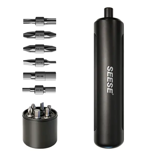 SEESE 6-in-1 Electric Screwdriver with 250 RPM Motor, 3 Torque Settings, 1.2 to 5 N·m, 6-Piece Set Bits , LED Light , 1500 mAh Rechargeable Cordless Screwdriver Set for Furniture, Household Multipurpose Tool Repair