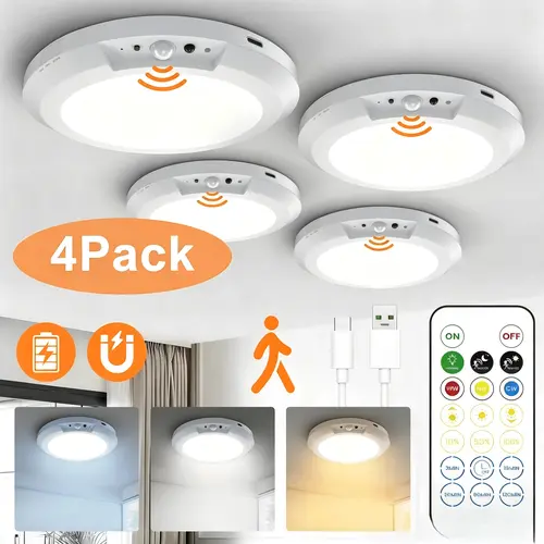 Rechargeable Motion Sensor Ceiling Light - 10000mAh Battery-Powered Magnetic Wireless Interior Light, USB Charge, 7-10 Hours Runtime, Dimmable, Remote Control, Adjustable Brightness, Color Options, for Closet, Hallways, Sheds