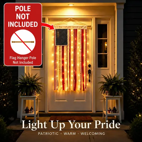 Lighted American Rag Flag Banner With LED Fairy Lights, 4x2.3 Ft Rustic Patriotic Tassel Garland For 4th Of July Decoration, Aesthetic Americana Wall Hanging For Porch Yard Party, Independence Day Celebration Home Decor 250th Anniversary
