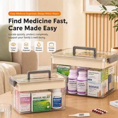 UFORU Modern Large-Capacity Rectangular Translucent Double-Layer PET Storage Organizer, Eco-Friendly Snap-Seal Moisture-Proof Case with Handle, Portable Pill & Medicine Bins with Lids for Home-Travel First Aid Use