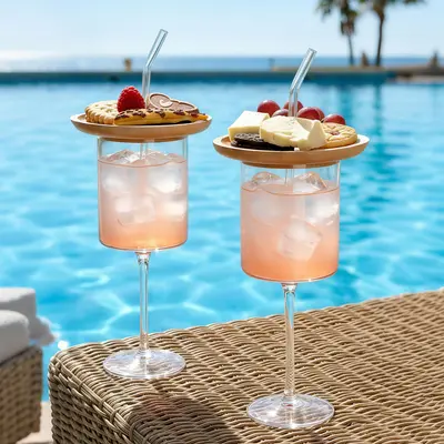 Wine Glasses with Charcuterie Topper: Set of 2 Clear 13.5 oz Reusable Glass Cups with Bamboo Lids & Straws for Wine Iced Coffee Cocktail Summer Vibes