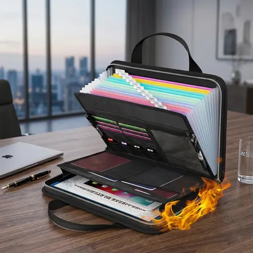 Fireproof Document Organizer for Business Professionals - Synthetic Accordion Tabs File Folder with Handle, Large-Capacity Storage, Fire-Resistant Protection, Protects Docs, Labels Set Included,sohochic