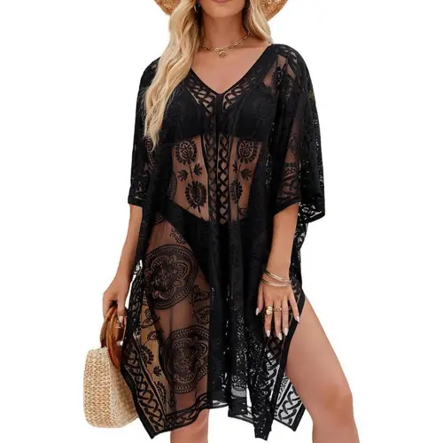 Women's Plus Size Summer Polyester V-Neck Lace Cover-Up - Breathable, Loose, Transparent Versatile Beach Bikini Sun Protection Shirt - Cold Wash Compatible, Cover Ups