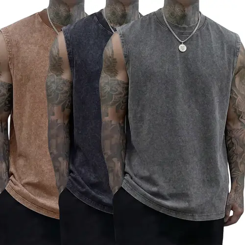 Men's Vintage Tank Tops Pack of 3 - New Summer Fashion Apparel, 230g Heavy Plain Pure Cotton Tops, Soft Skin-Friendly Clothes, Unisex Relaxed Retro Fit, Machine Washable
