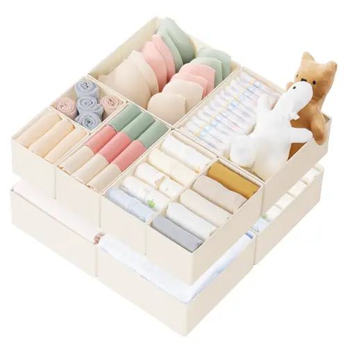 Criusia 10-Pack Plastic Foldable Square Drawer Organizer Bins Set - Collapsible Storage Bins with Divided Compartments, Multi-Size Stackable, Heavy Boards, Clothes Organiser for Nursery Organization