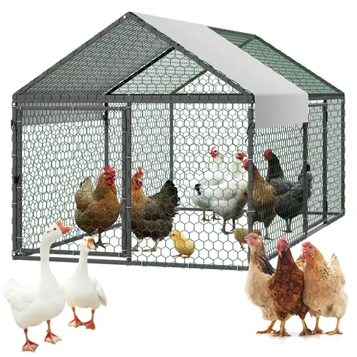 VEVOR Metal Chicken Coop Enclosure, Compact Poultry Hutch for 4-6 Chickens (3.3x6.6x3.3ft), Waterproof Cover, Double Doors, Spire Roof, Secure Bolts Hold, Predator-Proof Mesh, Compatible with Wooden Coops, for Rabbit Hen Goose Duck#SohoChic