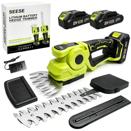 SEESE Cordless 2-in-1 Grass Shear & Shrub Trimmer, Handheld Electric Hedge Trimmer, 2*21V Batteries,Lightweight for Lawn Hedge Garden Yard Maintenance