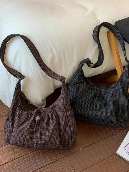 Women's Ruched Shoulder Crossbody Hobo Handbag - Fashionable Lightweight Plaid Textured Casual Everyday Bag for Commuting & Daily Outfits, Casual Bags, Handbags For Women,sohochic